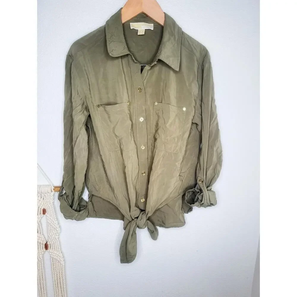 Michael By Michael Kors Shirt Womens Sz S Olive Green Buttoned Tie Front Utility